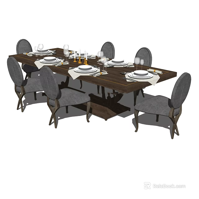 Elegant Wooden Dining Table Set With Six Gray Chairs And Tableware Plates Glasses 3d model 