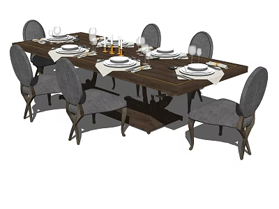 Elegant Wooden Dining Table Set With Six Gray Chairs And Tableware Plates Glasses 3d model