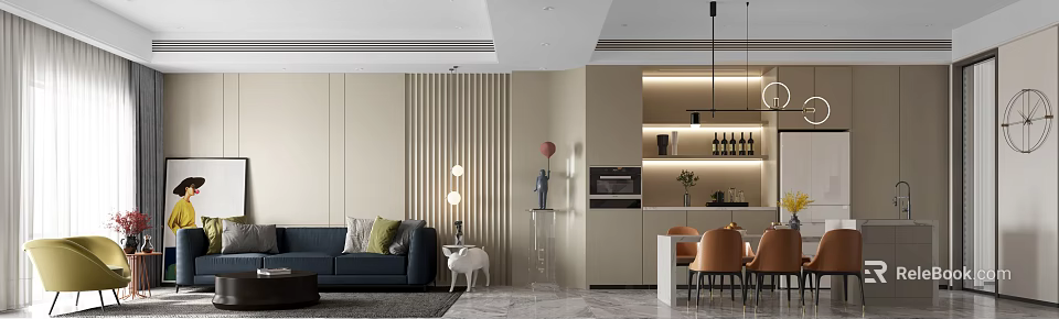 Modern Living and Dining Room Interior With Blue Sofa Dining Table And Warm Lighting 3d model