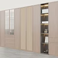 Modern Wooden Wardrobe With Rattan Panels Glass Doors And LED Lit Open Display Shelves