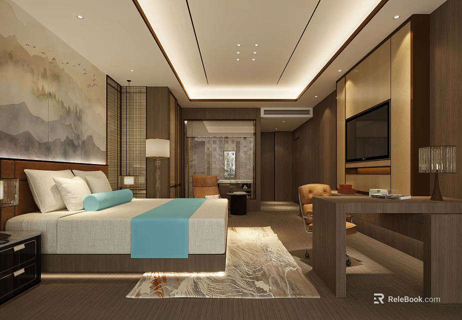 Modern Chinese Style Hotel Guest Room Featuring Bed Landscape Painting Sofa TV And Carpet 3d model 