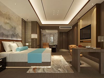 Modern Chinese Style Hotel Guest Room Featuring Bed Landscape Painting Sofa TV And Carpet 3d model