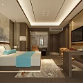 Modern Chinese Style Hotel Guest Room Featuring Bed Landscape Painting Sofa TV And Carpet