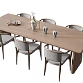 Modern Wooden Dining Table Set With Gray Upholstered Chairs And Decorative Items 3d model