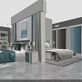Modern Bedroom Interior With Green Bedding Marble Floor Wall Art And Side Tables