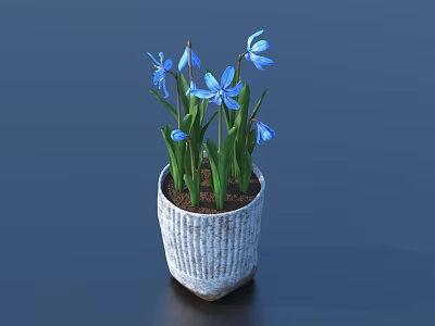 Decorative Potted Plant With Blue Flowers And Green Leaves In White Textured Pot 3d model