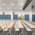 Modern Conference Room Interior Design With Large Screen Rows Of Tables Chairs And Lighting
