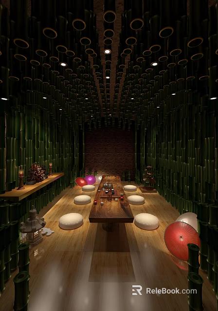 Bath Center Cozy Relaxation Room With Dark Green Bamboo Decor Long Table And Cushions 3d model 