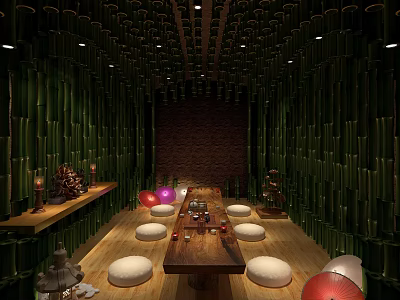 Bath Center Cozy Relaxation Room With Dark Green Bamboo Decor Long Table And Cushions 3d model