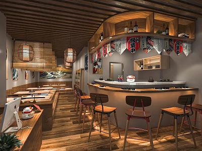 Cozy Restaurant Interior Featuring Wooden Ceiling Bar Counter High Stools Decorative Flags And Lanterns 3d model
