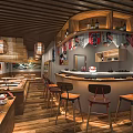 Cozy Restaurant Interior Featuring Wooden Ceiling Bar Counter High Stools Decorative Flags And Lanterns