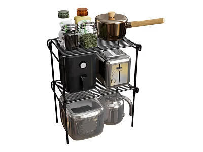 Kitchen Storage Rack With Coffee Maker Toaster Stainless Steel Pots And Spice Jars 3d model