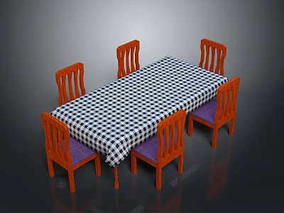 Rectangular Dining Table With Black White Checkered Cloth And Orange Wooden Chairs 3d model