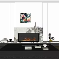 Modern Fireplace With Marble Background Colorful Painting Above Burning Flames And Black Coffee Table