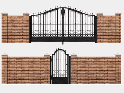 Ornate Wrought Iron Entrance Gate Design With Brick Wall And Decorative Grills 3d model