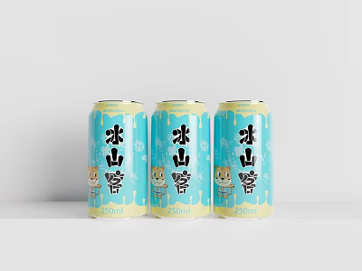 Three Cans Of Bing Shan Xue Canned Beverage With Blue Yellow Design And Cartoon Characters 3d model