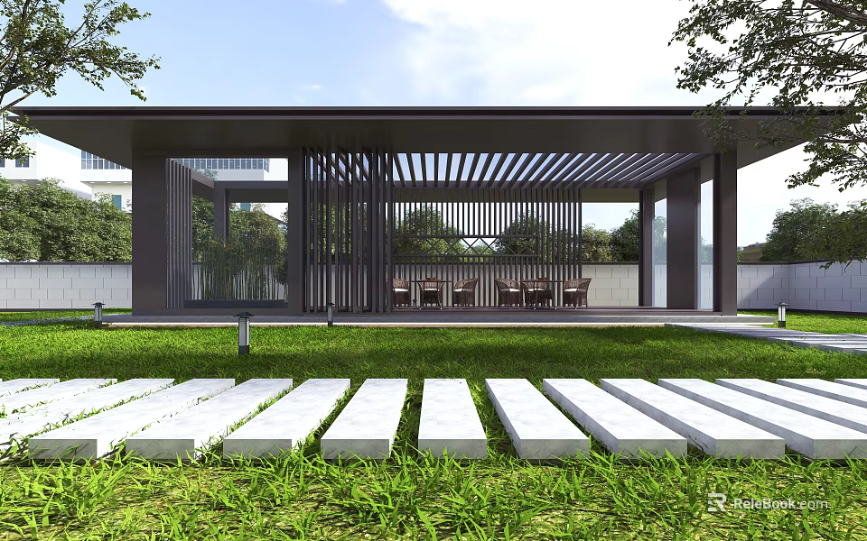 Modern Garden Landscape Design With Pavilion Lawn Stone Pathway And Greenery 3d model 
