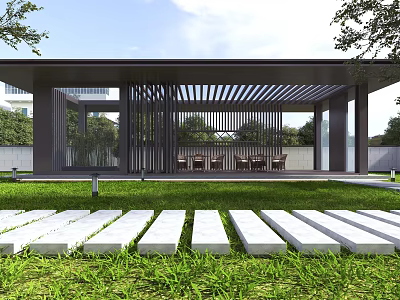 Modern Garden Landscape Design With Pavilion Lawn Stone Pathway And Greenery 3d model