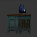 Vintage Blue Storage Cabinet With Wooden Top Multiple Drawers And Decorative Figurine