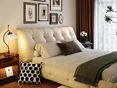Beige Upholstered Double Sofa in Bedroom with Framed Pictures Table Lamp and Green Throw 3d model