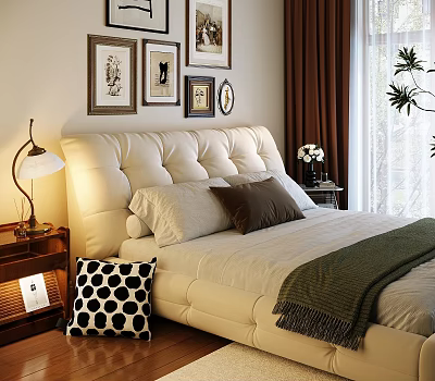 Beige Upholstered Double Sofa in Bedroom with Framed Pictures Table Lamp and Green Throw 3d model