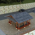 Traditional Wooden Landscape Pavilion With Red Columns Stone Wall Green Trees And Stone Pavement