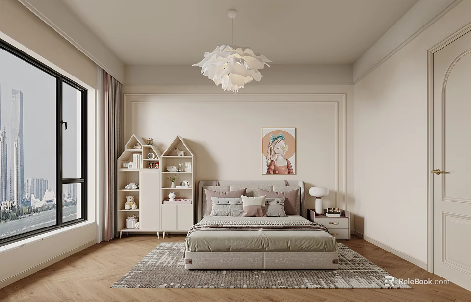 Modern Kids Room With House Shaped Storage And Cozy Bed 3d model 