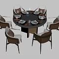 Modern Round Dining Table Set With Six Chairs Dark Frame And Light Upholstered Seats 3d model
