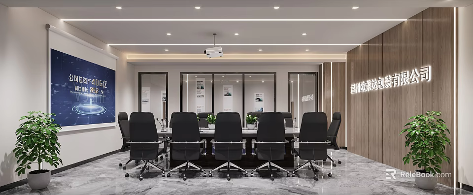 Modern Conference Room Interior With Long Meeting Table Black Office Chairs Projector And Glass Partitions 3d model 