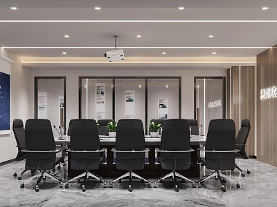 Modern Conference Room Interior With Long Meeting Table Black Office Chairs Projector And Glass Partitions 3d model