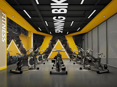 Spinning Bikes Fitness Room With Yellow Black Decor And Modern Lighting 3d model