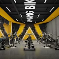 Spinning Bikes Fitness Room With Yellow Black Decor And Modern Lighting