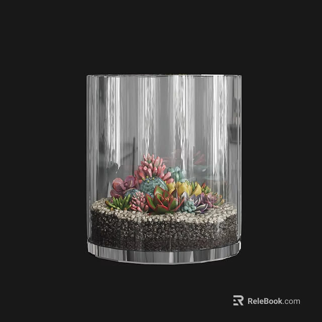Colorful Succulent Plants Arrangement In Transparent Glass Container With Small Pebbles 3d model 
