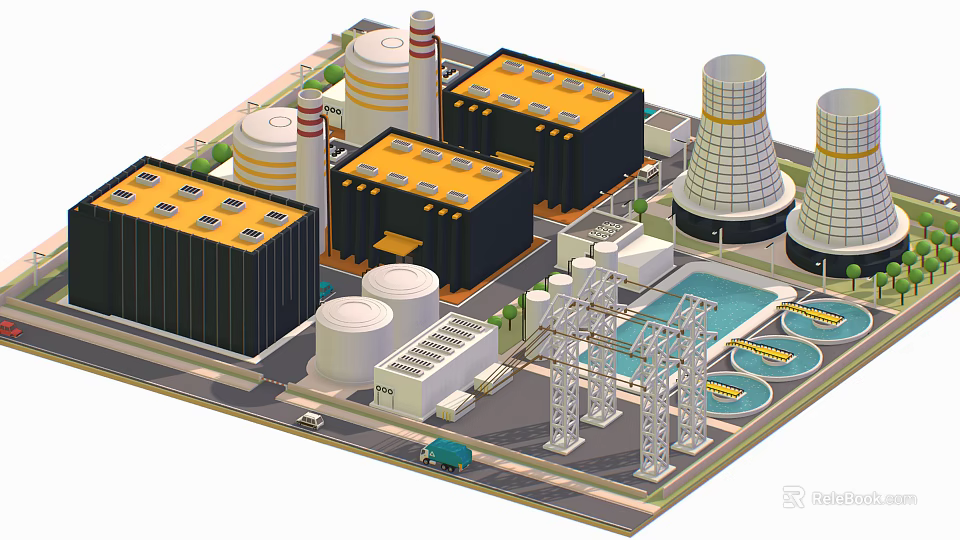 Cartoon Industrial Scene Featuring Factory Buildings Cooling Towers Storage Tanks Power Towers Truck And Trees 3d model 