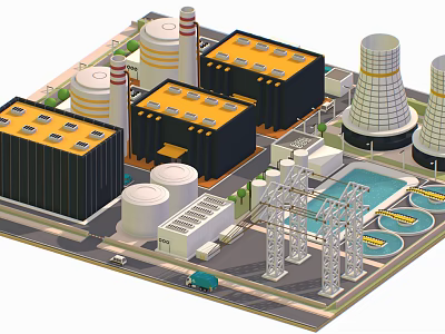 Cartoon Industrial Scene Featuring Factory Buildings Cooling Towers Storage Tanks Power Towers Truck And Trees 3d model