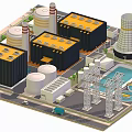 Cartoon Industrial Scene Featuring Factory Buildings Cooling Towers Storage Tanks Power Towers Truck And Trees