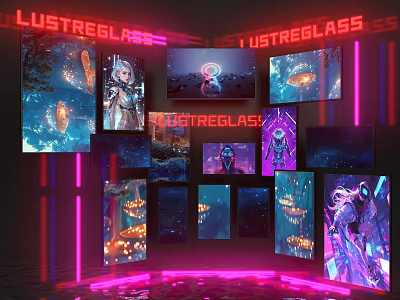 Lustreglass Photo Spot Featuring Colorful Glowing Artworks Neon Lights Pink Purple Lighting And Reflective Floor 3d model
