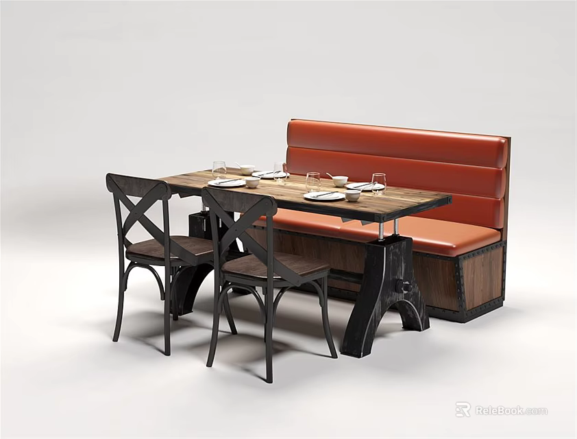 Public Chair Design in Modern Dining Setting with Wooden Table Black Chairs and Tableware 3d model 