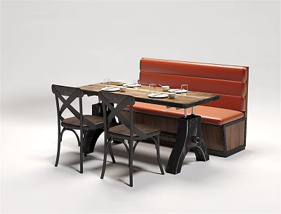 Public Chair Design in Modern Dining Setting with Wooden Table Black Chairs and Tableware 3d model