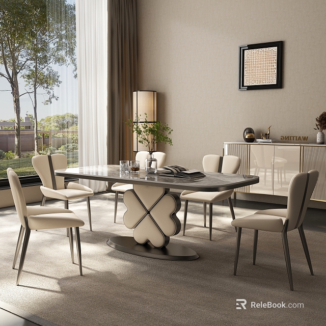 Modern Elegant Restaurant Interior With Dining Table Chairs Floor-to-Ceiling Windows Green Plants And Sideboard Decor 3d model 