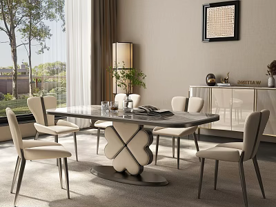 Modern Elegant Restaurant Interior With Dining Table Chairs Floor-to-Ceiling Windows Green Plants And Sideboard Decor 3d model