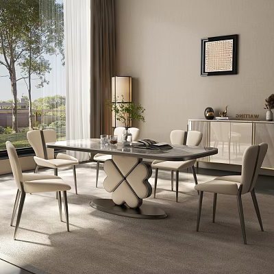 Modern Elegant Restaurant Interior With Dining Table Chairs Floor-to-Ceiling Windows Green Plants And Sideboard Decor 3d model