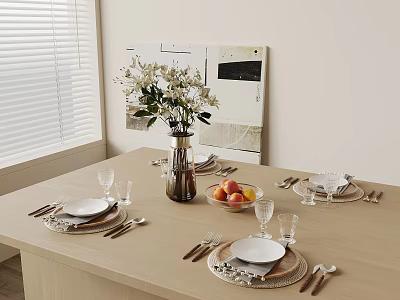 Elegant Tableware Set With Placemats On Dining Table With Flowers And Fruits 3d model