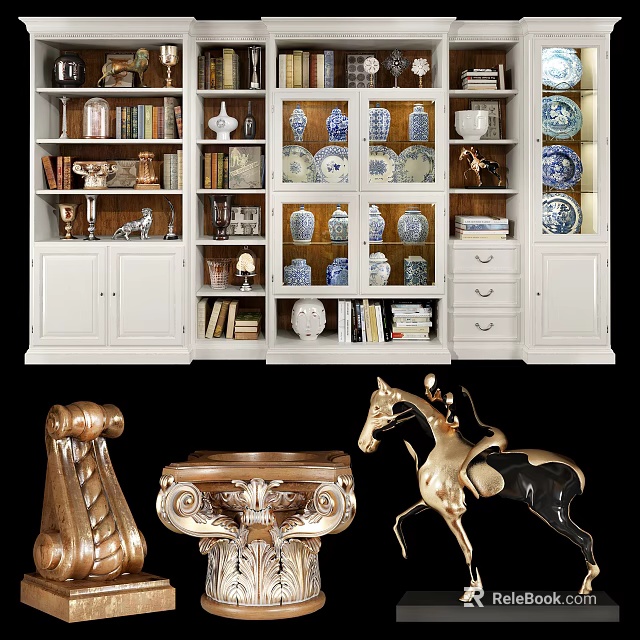 White Display Bookcase With Glass Doors Holding Blue And White Vases Books And Decorations 3d model 