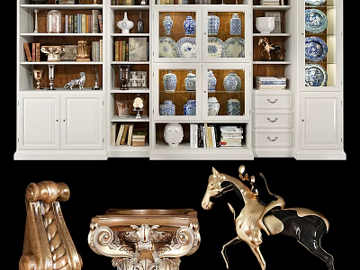 White Display Bookcase With Glass Doors Holding Blue And White Vases Books And Decorations 3d model