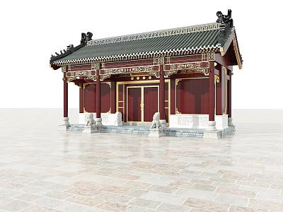 Traditional Chinese Entrance Gate With Red Doors Golden Decorations And Stone Lions 3d model