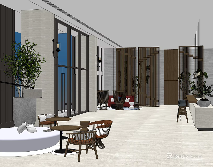 Modern Shop Front Desk With Glass Doors Green Plants Seating Area And Decorative Screens 3d model 