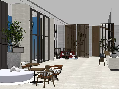 Modern Shop Front Desk With Glass Doors Green Plants Seating Area And Decorative Screens 3d model