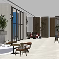 Modern Shop Front Desk With Glass Doors Green Plants Seating Area And Decorative Screens