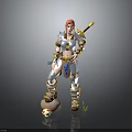 Pink Haired Female Warrior in Blue White Armor Holding Spear with Creature Egg and Grass